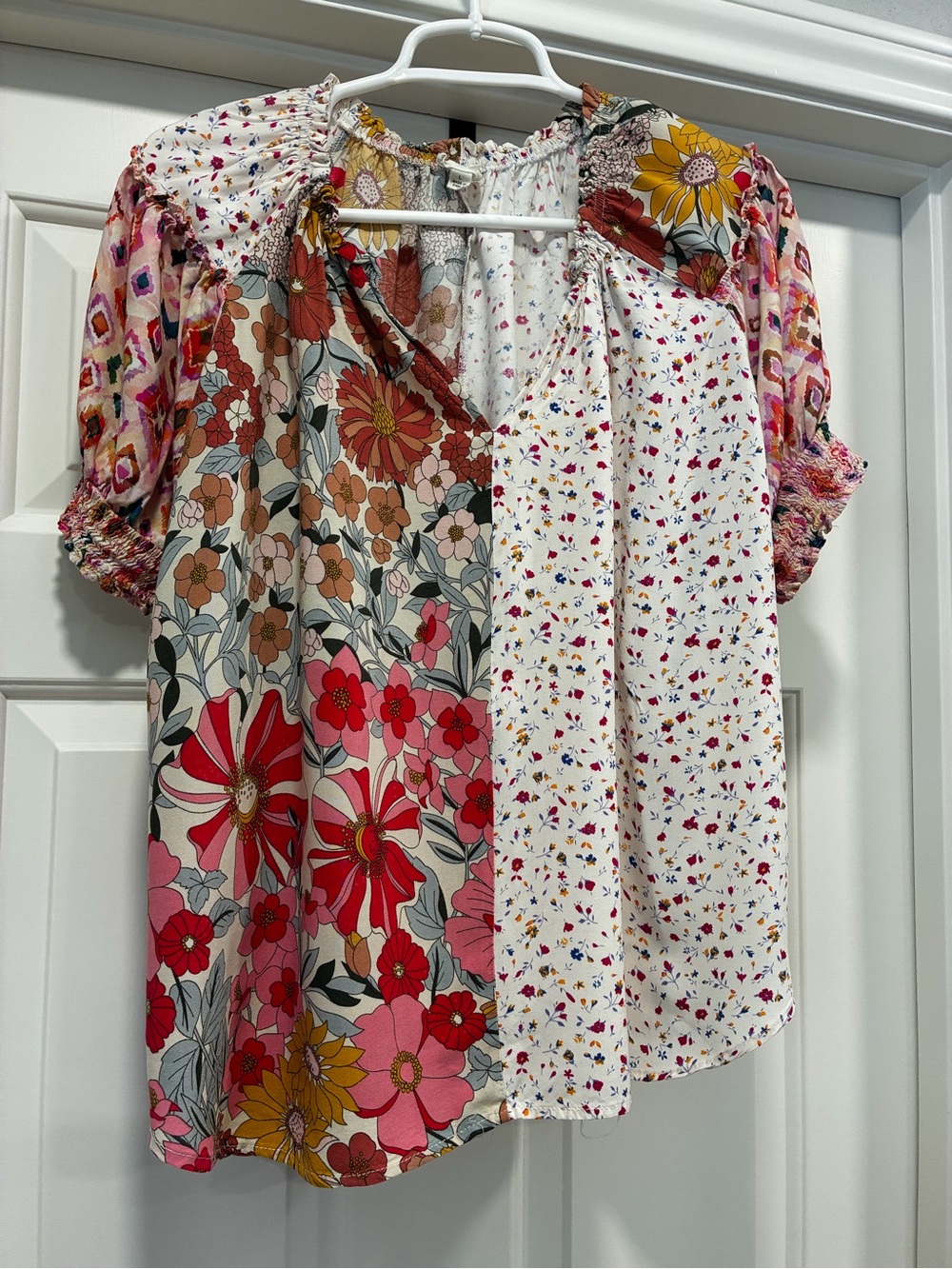 BiBi Patchwork Floral Short Sleeve Blouse in Pink Multi